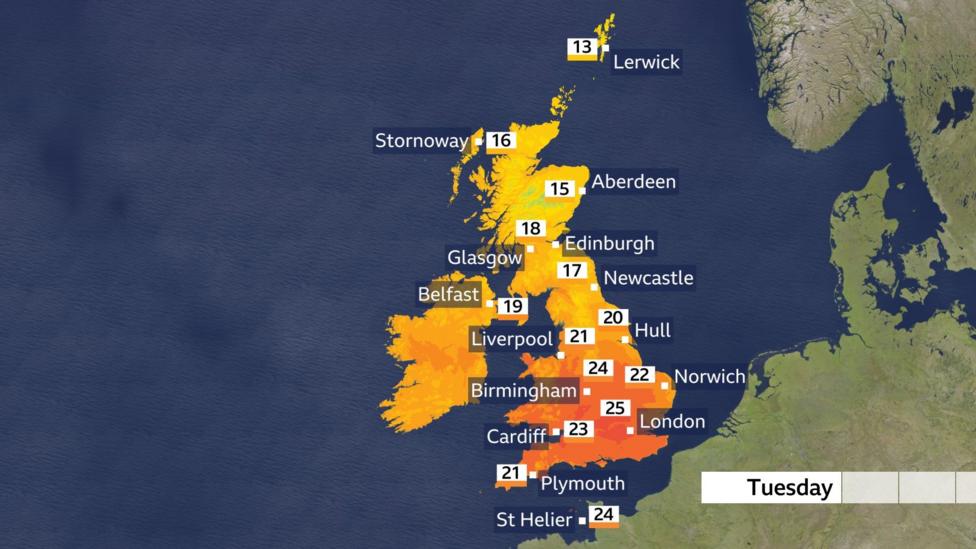 Maximum temperatures across the UK on Tuesday range from 25C in the south-east to 13C in the north