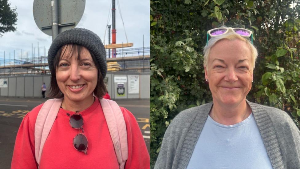 A composite image of Chiara and Wendy. Chiara, on the left, wears a grey woollen hat, and has short dark hair. She wears a pink sweatshirt and a lighter pink rucksack. Wendy has short blonde hair and has glasses on top of her head. She wears a blue t-shirt and a grey cardigan.