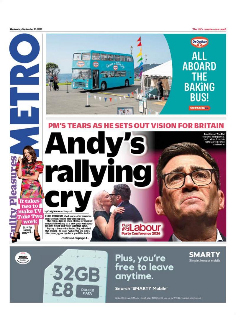 The headline on the front page of the Metro reads: "Andy's rallying cry".