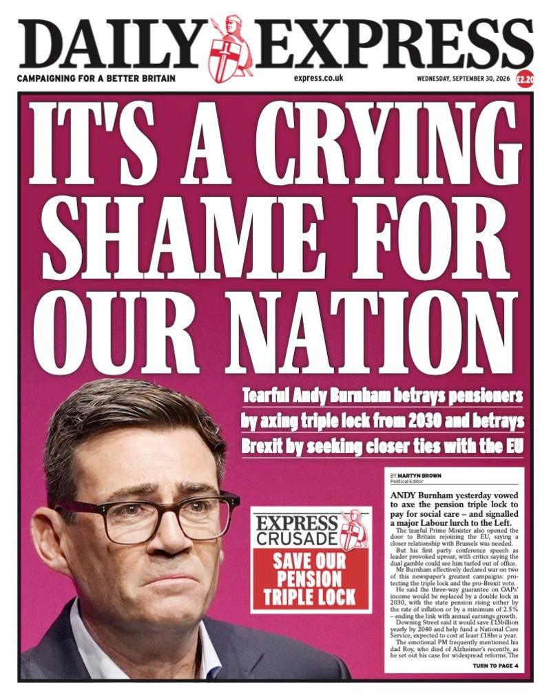 The headline on the front page of the Daily Express reads: "It's a crying shame for our nation".