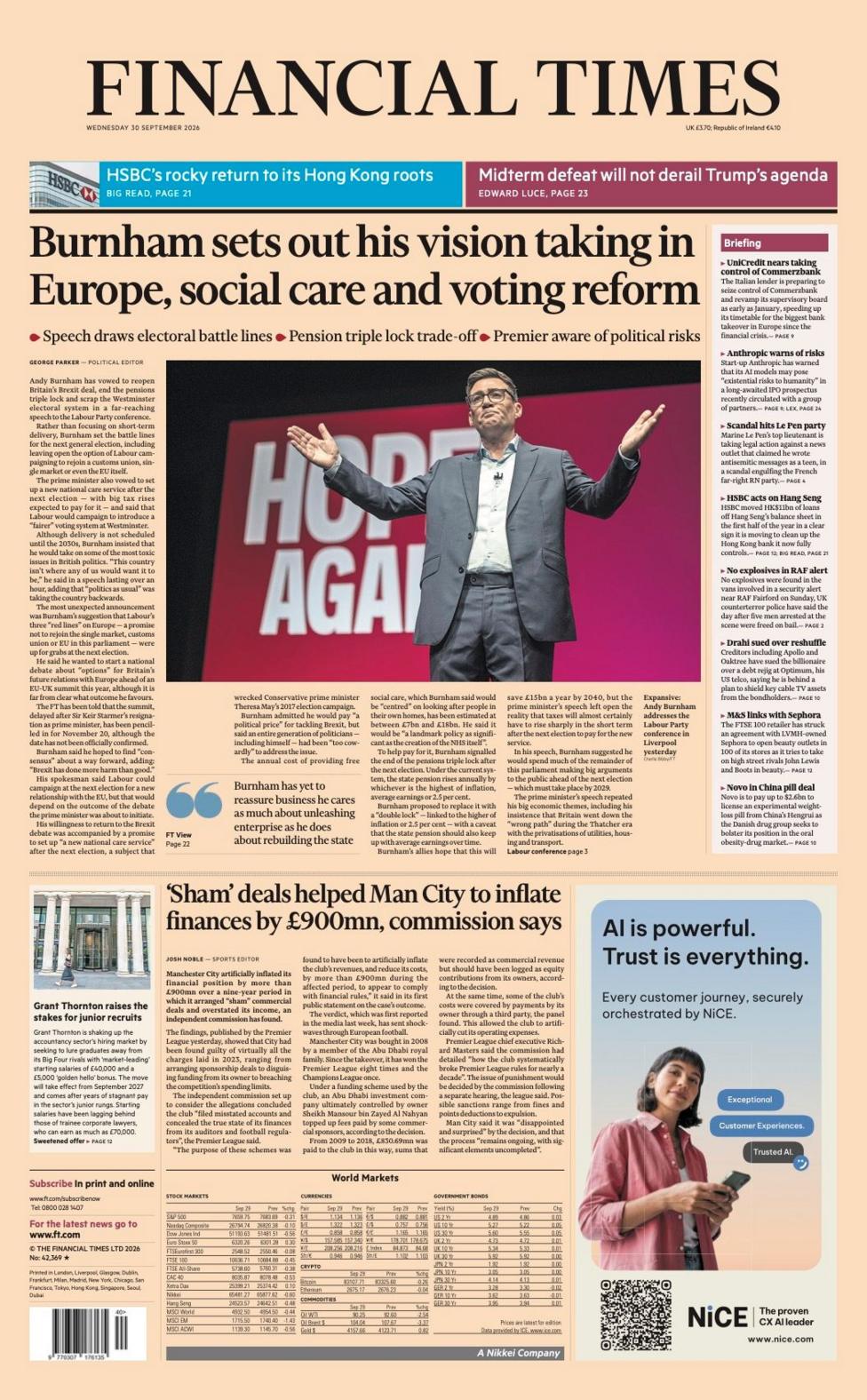 The headline on the front page of the Financial Times reads: "Burnham sets out his vision taking in Europe, social care and voting reform".