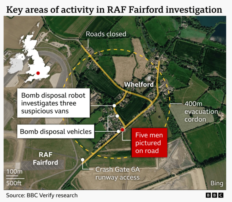 A map showing the key areas of activity in the RAF Fairford investigation.