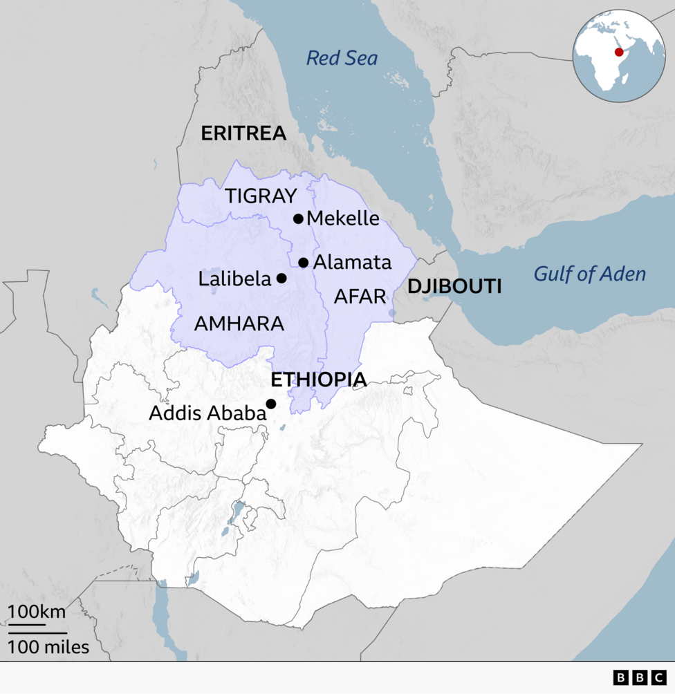 A map of Ethiopia showing Tigray, Amhara and Afar regions and the capital, Addis Ababa