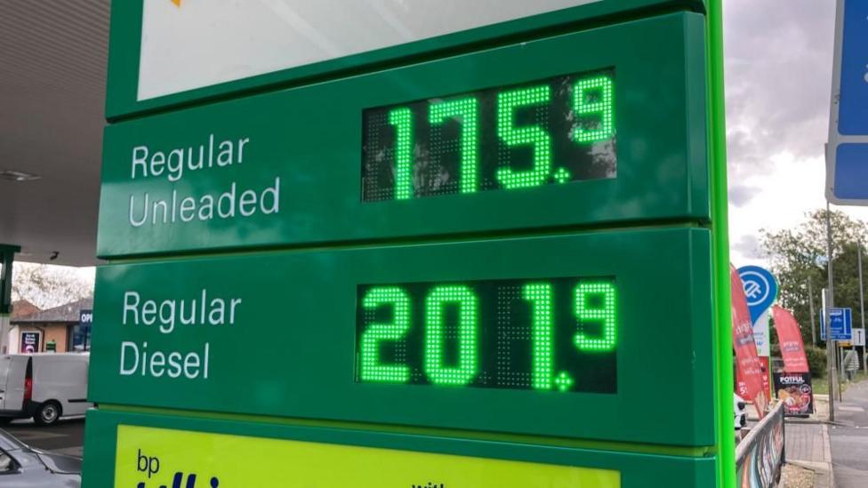A petrol station sign showing Regular Unleaded as 175.9p and Regular Diesel as 201.9p