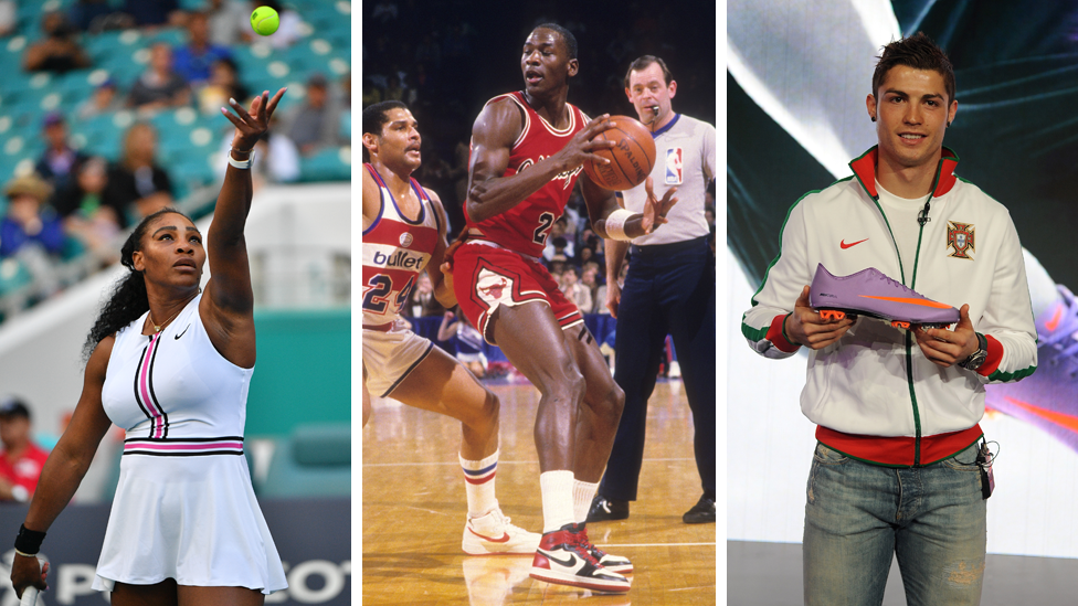 A composite image of Nike athletes. Tennis player Serena Williams (left) serves in a game, Michael Jordan (middle) protects the basketball from a defender during his playing days, Cristiano Ronaldo (right) holds up a Nike football boot.