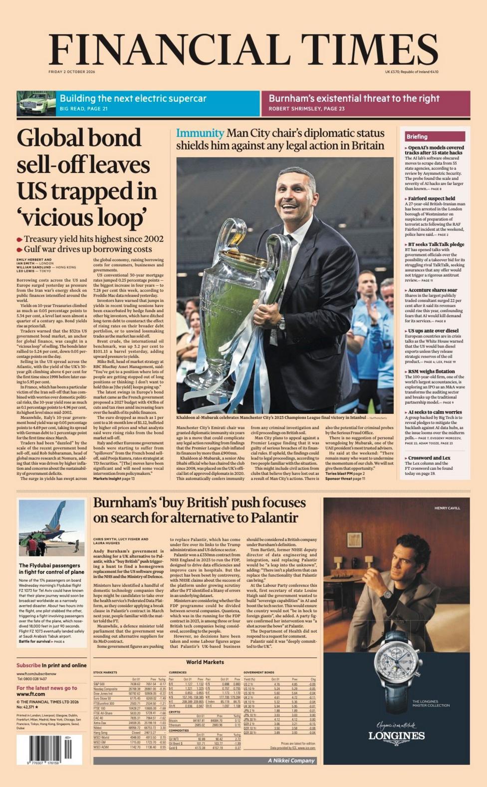 The headline on the front page of the Financial Times reads: “Global bond sell-off leaves US trapped in 'vicious loop'”.