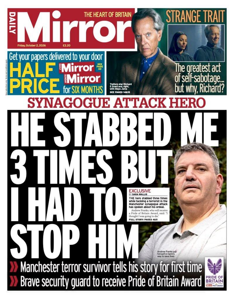 The headline on the front page of the Daily Mirror reads: “He stabbed me 3 times but I had to stop him”.