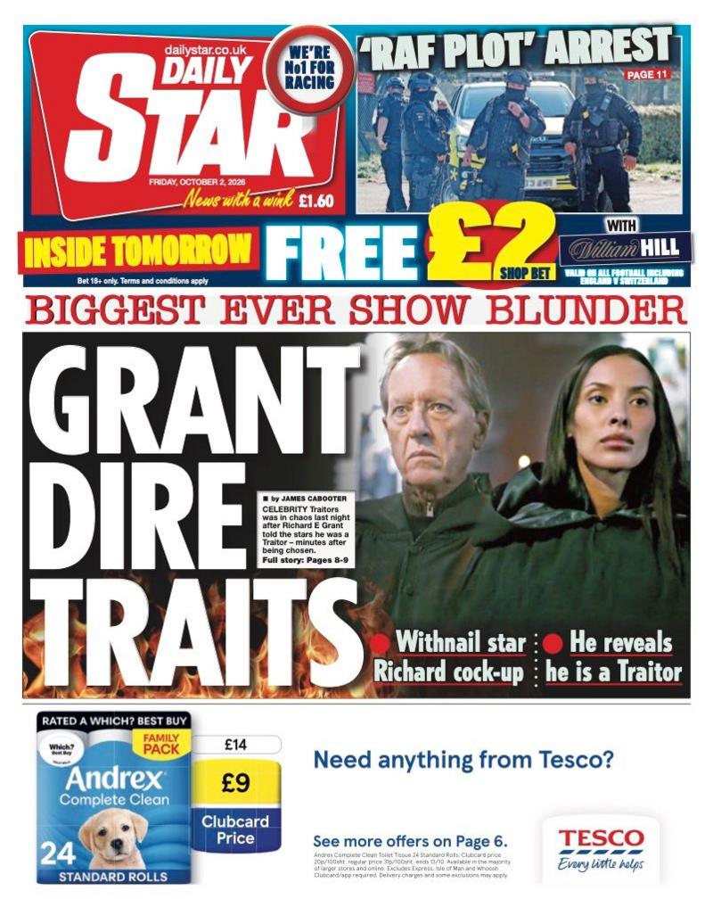 The headline on the front page of the Daily Star reads: “Grant dire traits”.