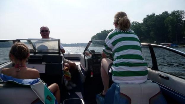 A female wears the strip on a boat trip across Lake Michigan.