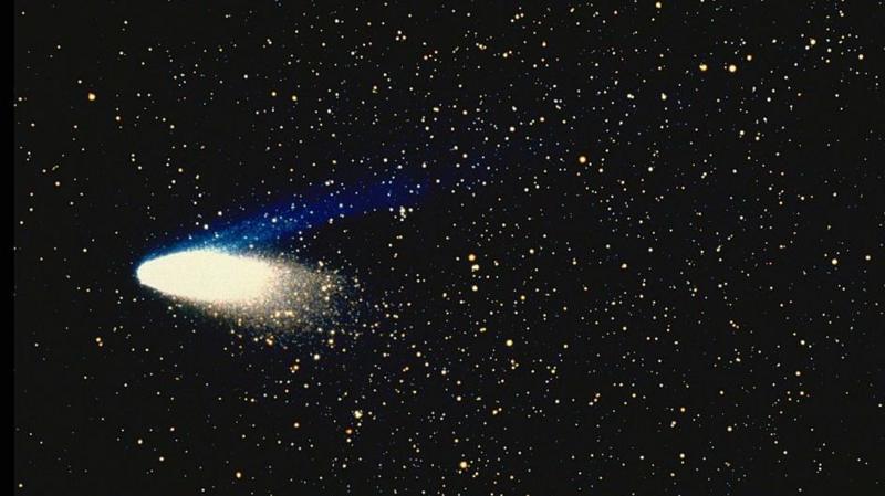 Halley's Comet appears as an intensely white oval shape with a tail which fades out behind it, moving through a deep black, starry sky.