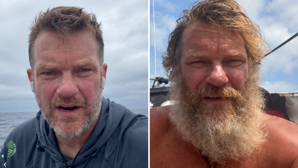 Composite image shows Dave Bell at the start of his trip and now. The first image shows him with a short beard and short brown hair. The second image shows him without a shirt and with a long curly grey beard and longer hair.