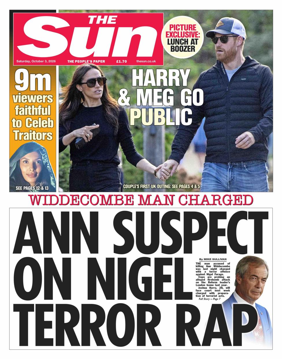 The headline on the front page of the Sun reads: 'Ann suspect on Nigel terror rap.'