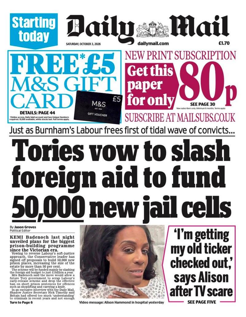 The headline on the front page of the Daily Mail reads: 'Tories vow to slash foreign aid to fund 50,000 new jail cells.'