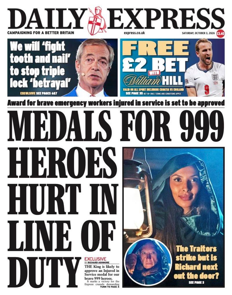 The headline on the front page of the Daily Express reads: 'Medals for 999 heroes hurt in line of duty.'
