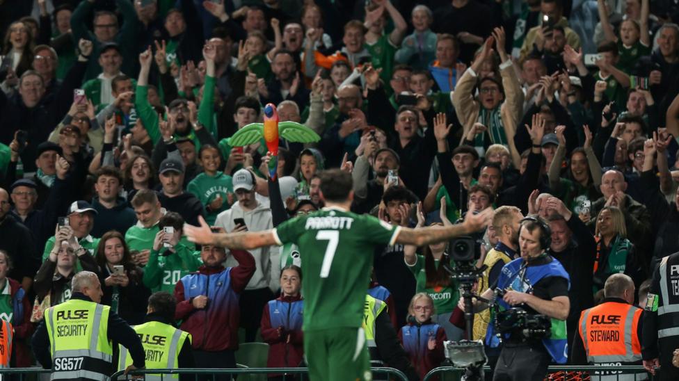 Republic of Ireland fans celebrate a Troy Parrott goal