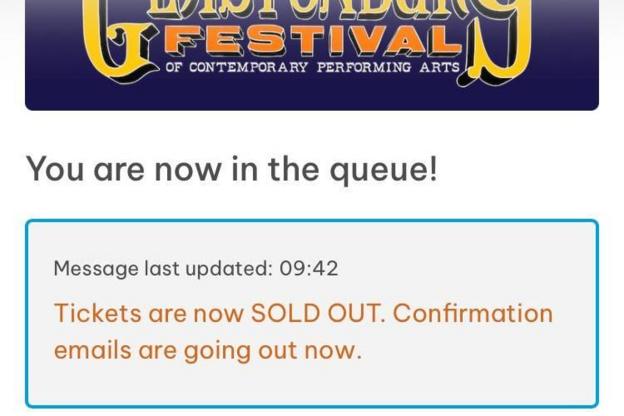 A screen grab of a screen showing a message that reads Tickets are now sold out. Confirmation emails are going out now.