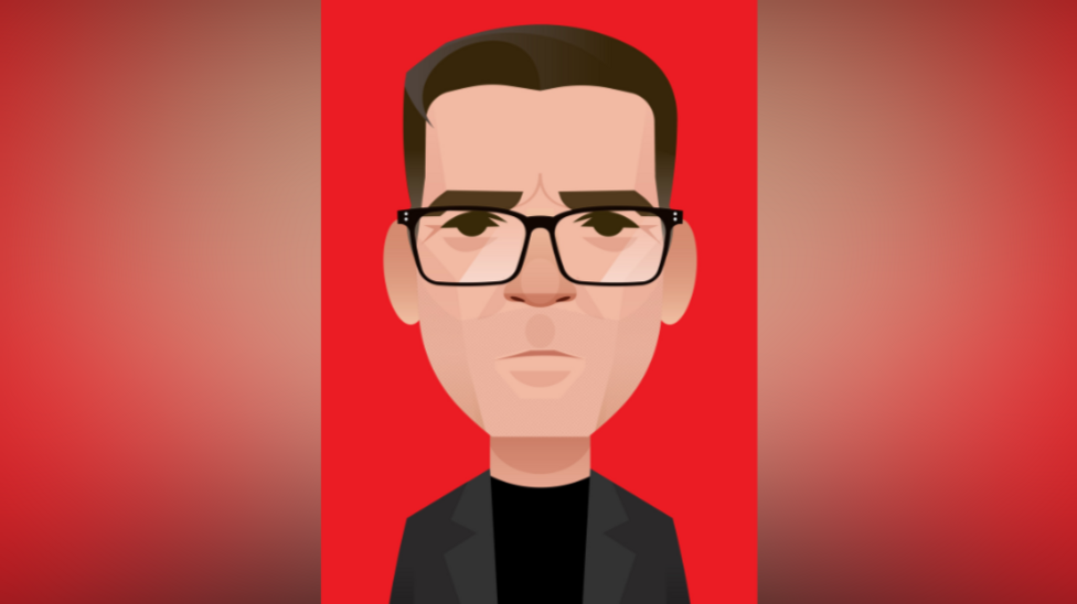 The cartoon image of Andy Burnham on a red background in a black T-shirt and grey suit
