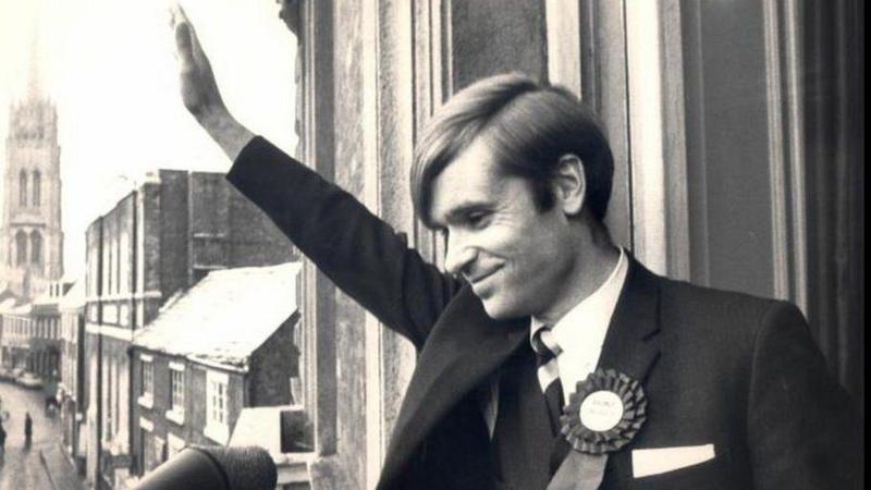 Jeffrey Archer is photographed waving to the crowd having been elected for Louth in 1969