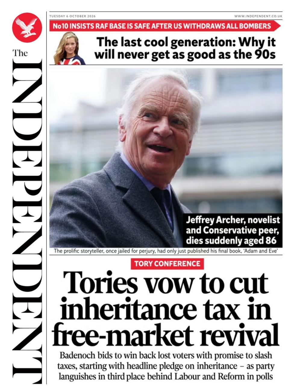 The headline on the front page of the Independent reads: "Tories vow to cut inheritance tax in free-market revival". 
