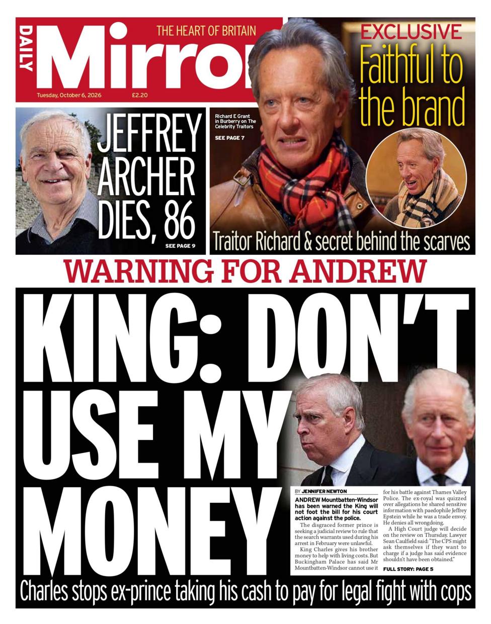 The headline on the front page of the Daily Star reads: "King: Don't use my money".