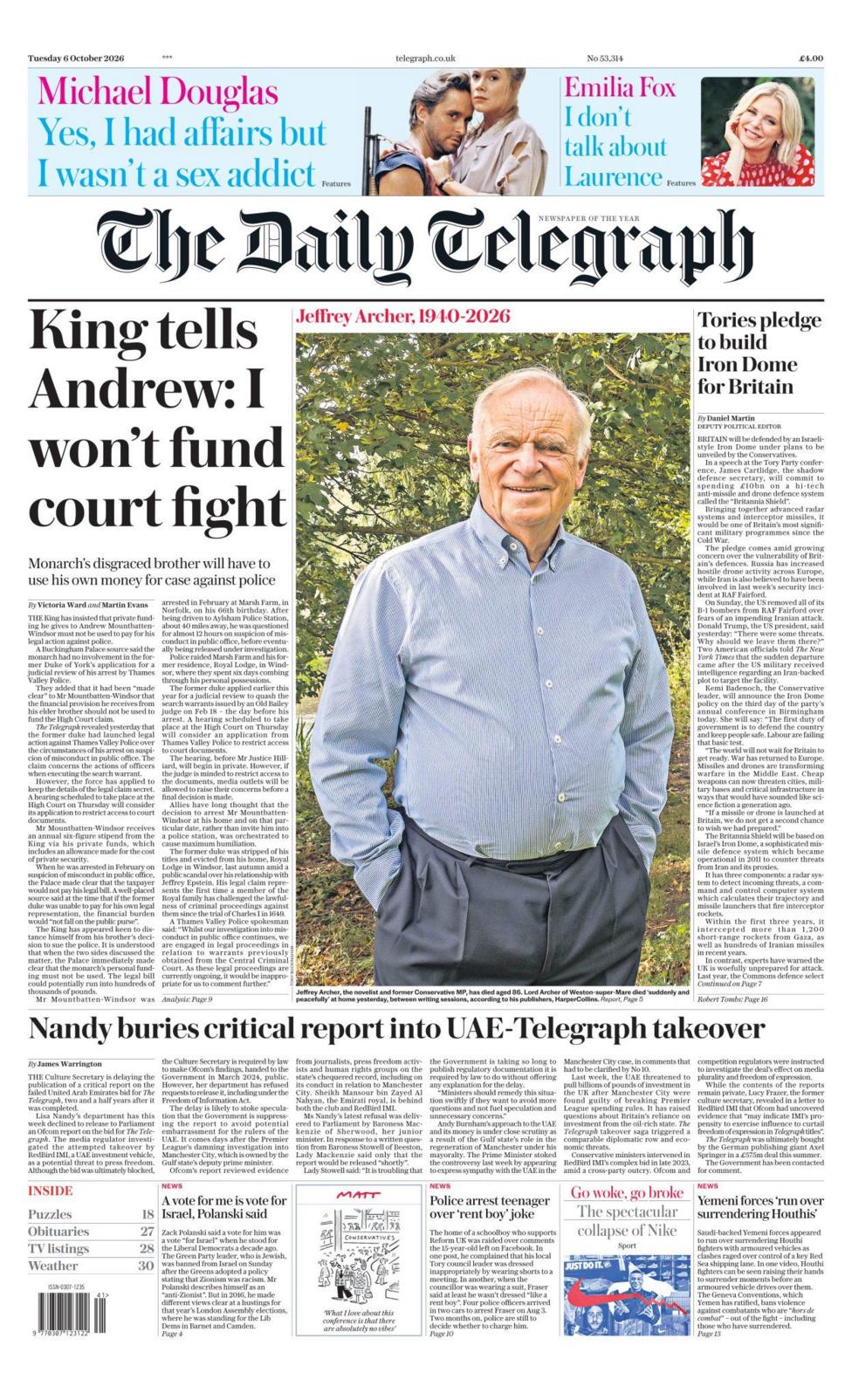 The headline on the front page of the Telegraph reads: "King tells Andrew: I won't fund court fight".