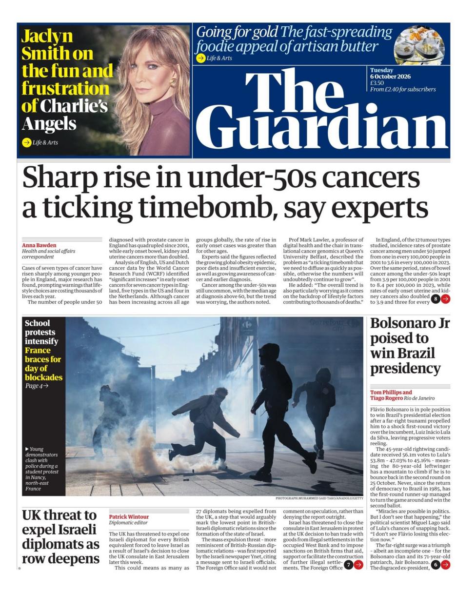 The headline on the front page of reads: "Sharp rise in under-50s cancers a ticking timebomb, say experts".
