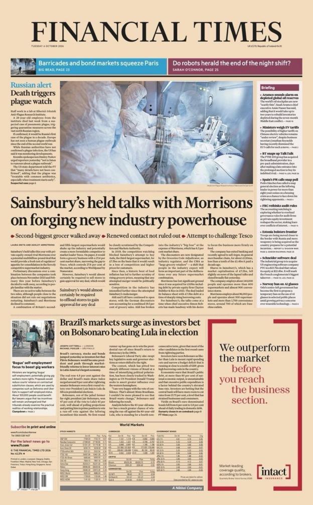 The headline on the front page of the reads: "Sainsbury's held talks with Morrisons on forging new industry powerhouse".