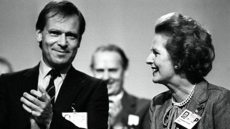 A black and white photo of Jeffrey Archer and Margaret Thatcher at party conference.