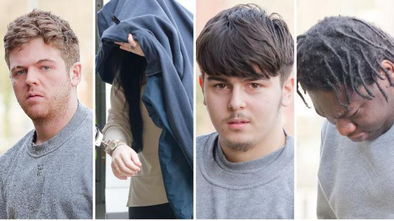 Composite picture of four defendants in the Tristan Kerr murder trial at Merthyr Crown Court. Connor Palfrey, Elexi Manny, Georgie Mears and Ricardo Elliot all deny murder and the case continues.