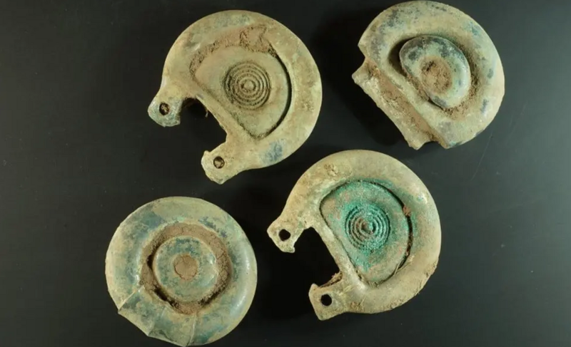 four pieces which make up a complete Bronze Age horse harness