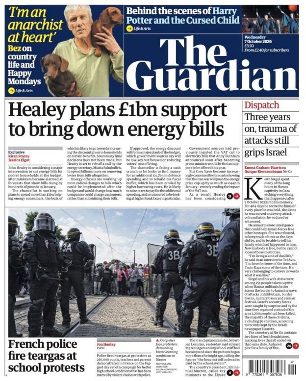 "Healey plans £1bn support to bring down energy bills" reads the headline on the front page of .