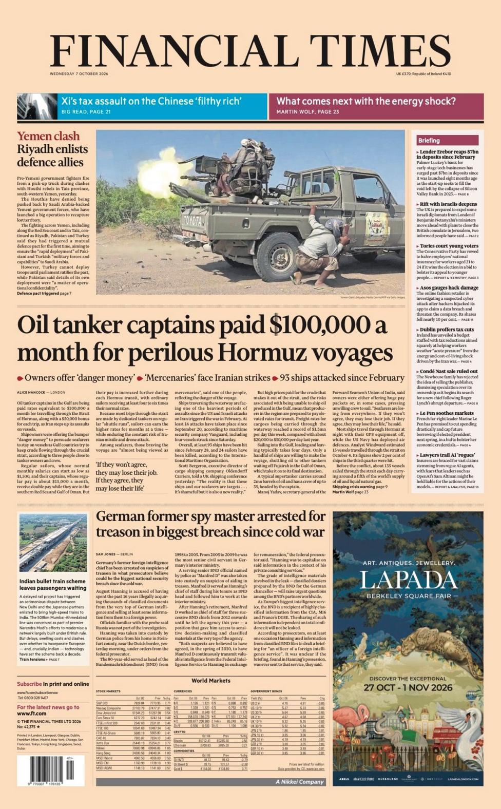 "Oil tanker captains paid $100,000 a month for perilous Hormuz voyages" reads the headline on the front page of the Financial Times.