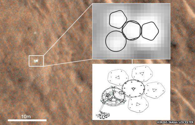 Beagle pictured on the surface of Mars with composite images edited to highlight its shape and how it compares to the planned drawings