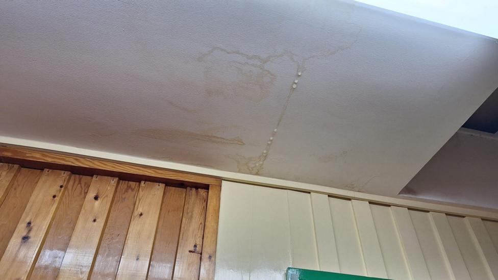 A large wet patch is visible on the ceiling of a white wall. 