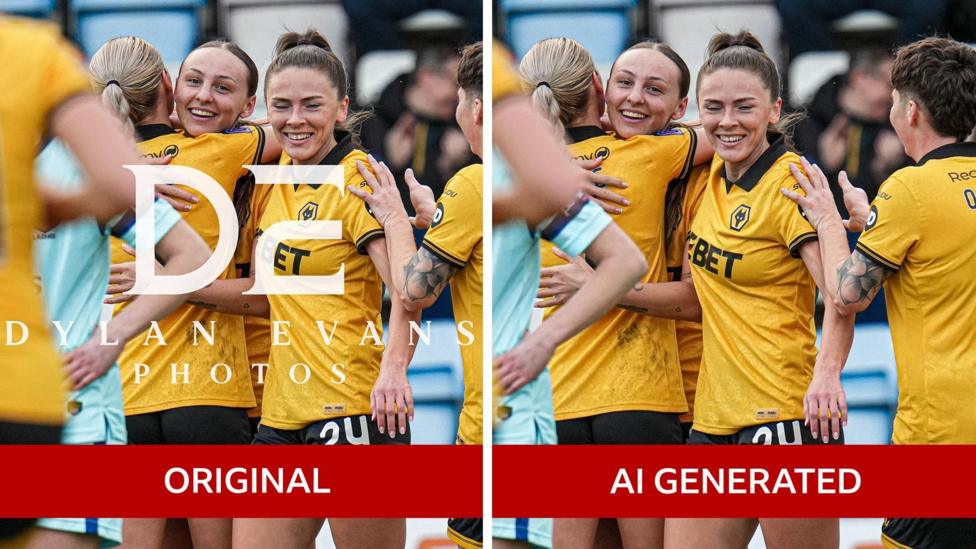 A composite image of the same photo on the right and left - it is of women footballers celebrating on a pitch. They have yellow and black football kits on. On the left is the original image, with Dylan Evans photos watermark on, and on the right is one where AI has been used to take the watermark off.