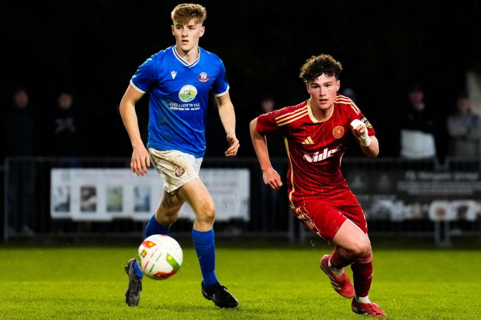 Two footballs, one in a blue and white strip and another in red, on a football pitch chasing after a football.