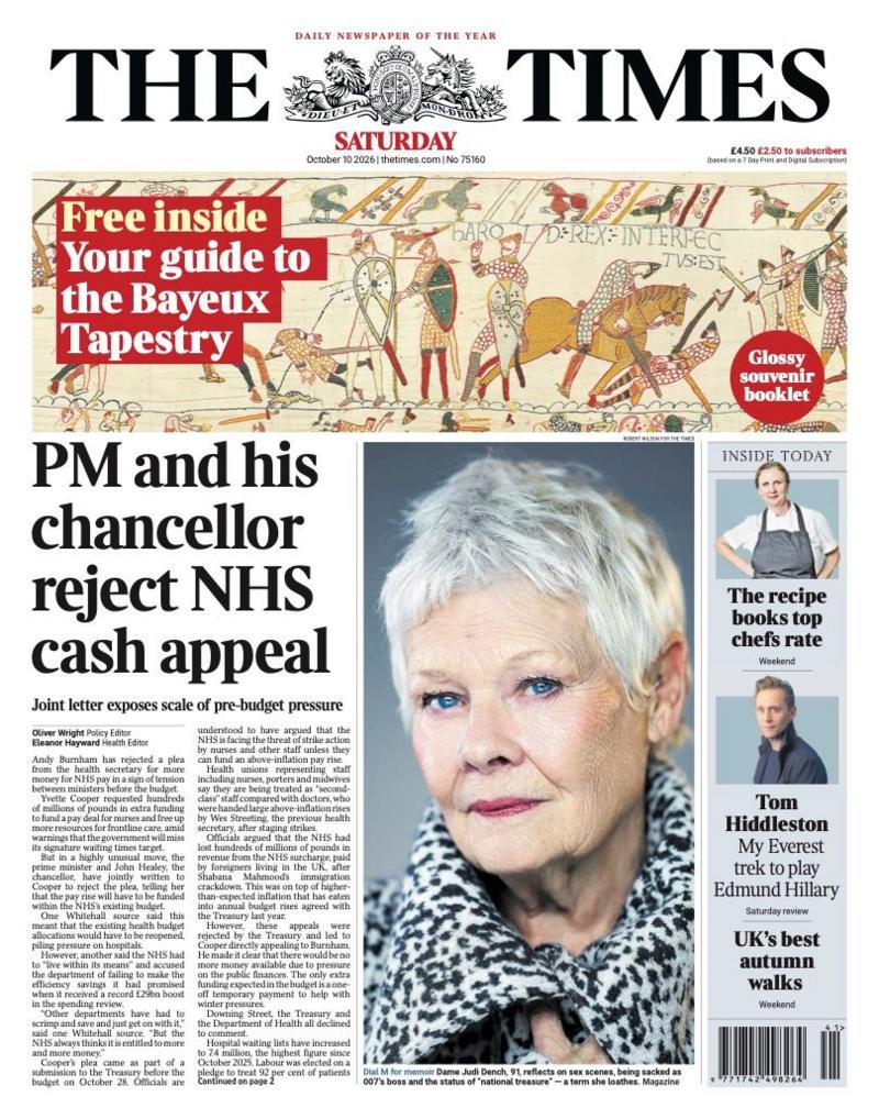 The headline on the front page of the Times reads: “PM and his chancellor reject NHS cash appeal”.
