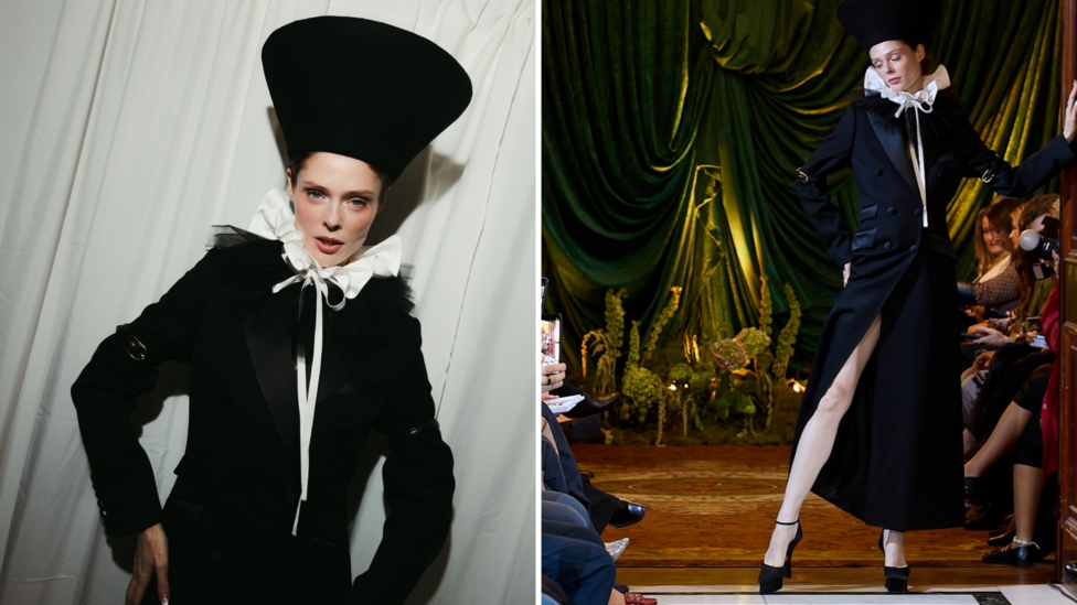 Composite image showing a model backstage and on the runway, she is wearing a long black coat with white ruffle, and an elaborate black hat