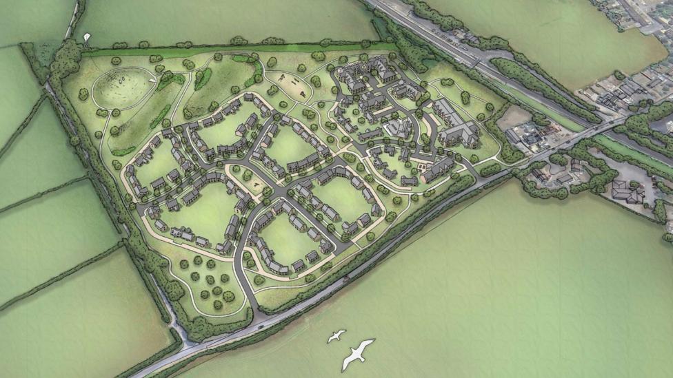 An artists impression of a housing development displayed as an aerial view with fields, homes, planting and associated infrastructure.
