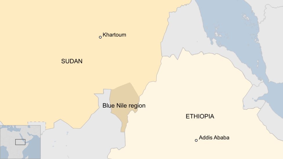 A map showing the Blue Nile region of Sudan along the border with Ethiopia, as well as the cities of Khartoum and Addis Ababa.