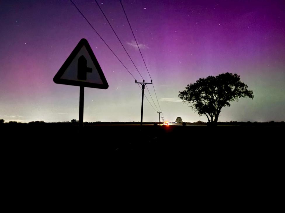 An image of the sky in Owston Ferry, North Lincolnshire, on 10 October during the evening. The Northern Lights can be seen in a purple hue alongside silhouettes of a tree, telegraph pole and roadsign.