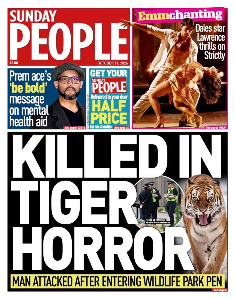 The headline on the front page of the Sunday People reads: “Killed in tiger horror”.