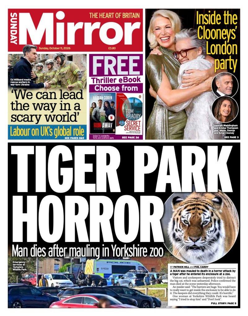 The headline on the front page of the Sunday Mirror reads: “Tiger park horror”.