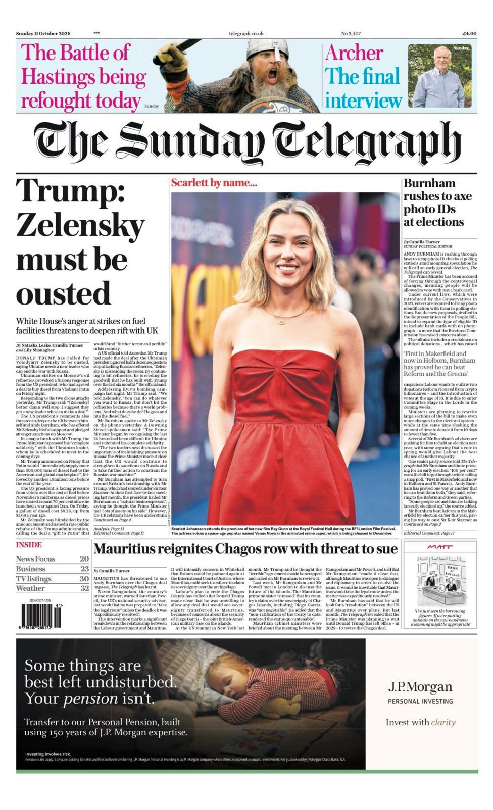 The headline on the front page of the Sunday Telegraph reads: “Trump: Zelensky must be ousted”.