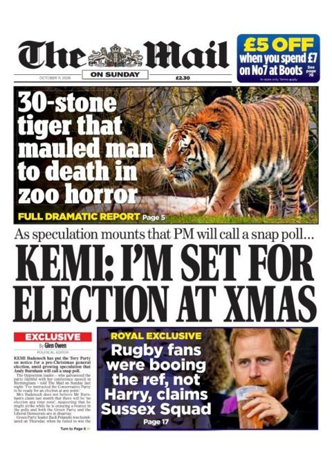 The headline on the front page of the Mail on Sunday reads: “Kemi: I'm set for election at xmas”.