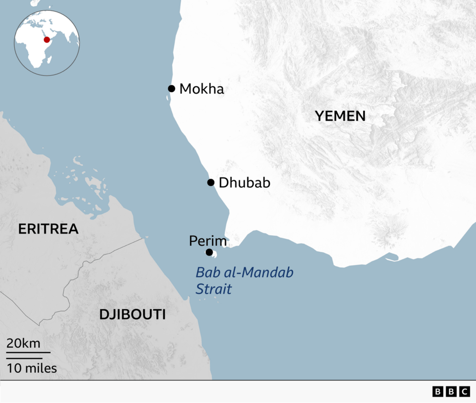 A map showing Djibouti and Yemen