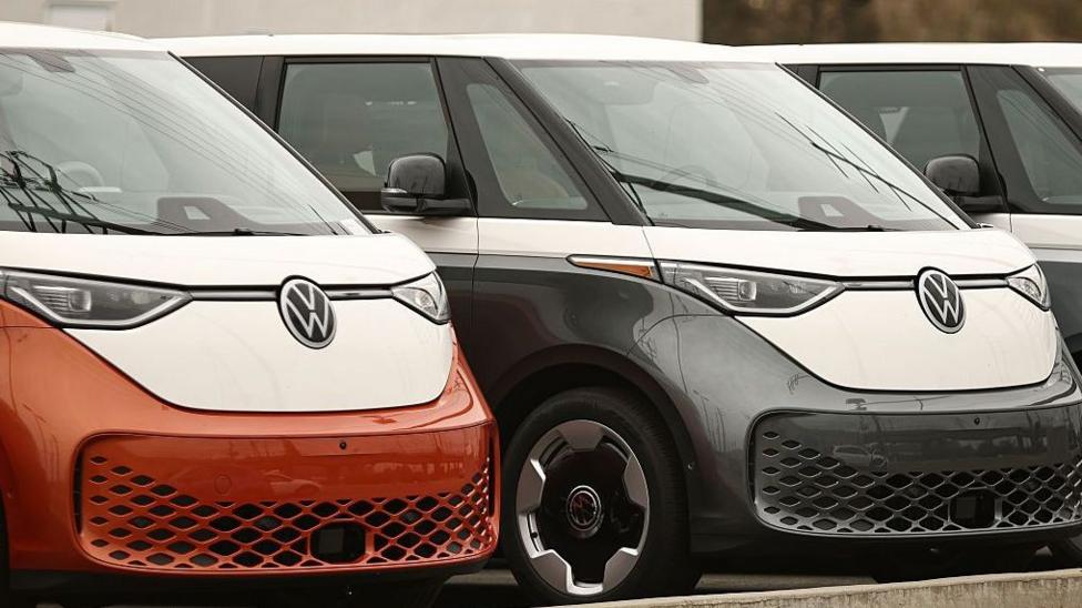 All-electric ID. Buzz vehicles are parked on the lot at a Volkswagen dealership in Hawthorne, California, on May 23, 2026.