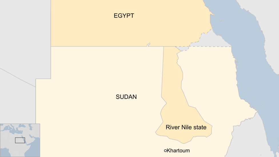 A map of the Egypt/Sudan border, excluding disputed territory, showing the area of the River Nile state and the location of Khartoum.