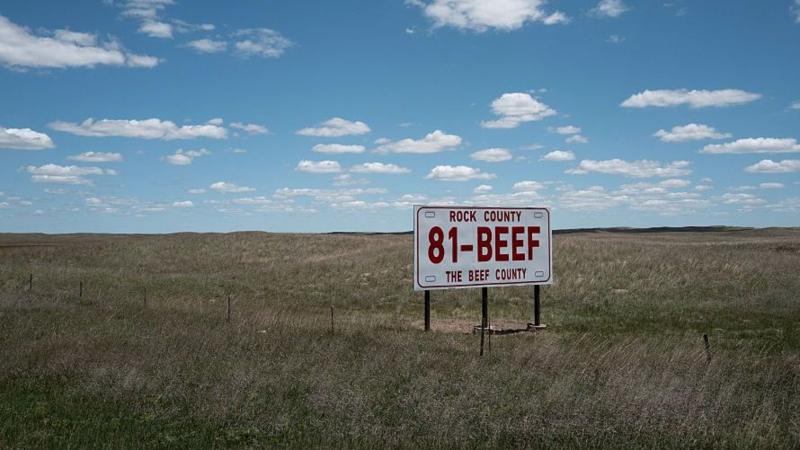A billboard sits on a ranch on June 14, 2026 near Rose, Nebraska