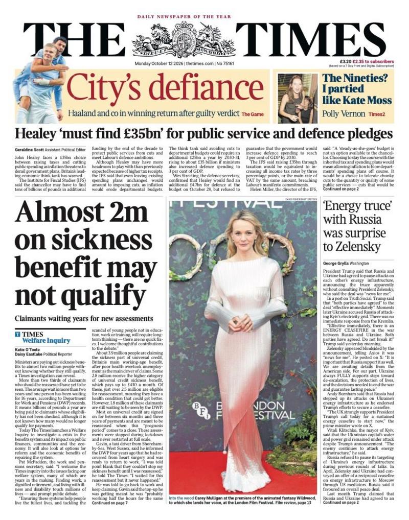 "Almost 2m on sickness benefit may not qualify" reads the headline on the front page of the Times.